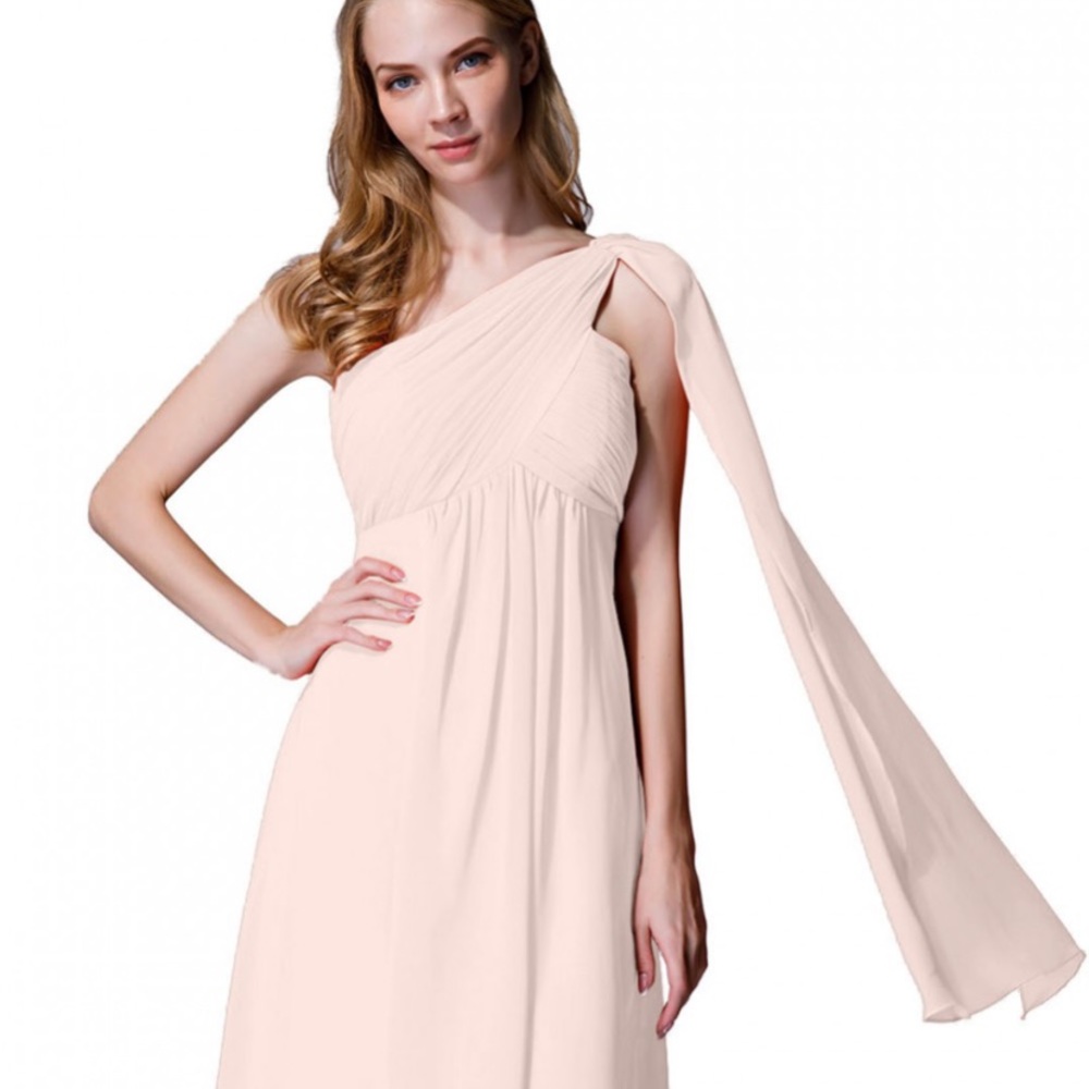 Long one shoulder flowing taupe prom gown